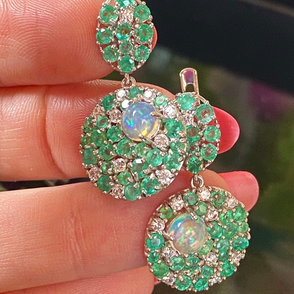 Fascinating Genuine Emerald Fire Opal Earrings - Picture 15 of 17